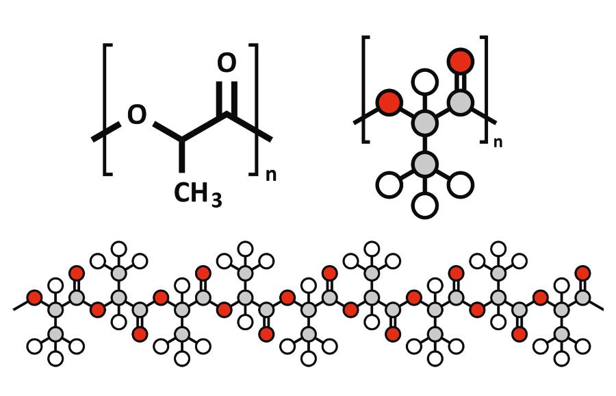 Tak wygląda cząsteczka PLA, czyli ­polilaktydu – jednego z naj­popularniejszych surowców do produkcji ekoplastiku.