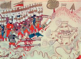 Artyleria turecka szturmuje fortecę na greckiej wyspie Limnos; ilustracja z XVII-wiecznego manuskryptu.