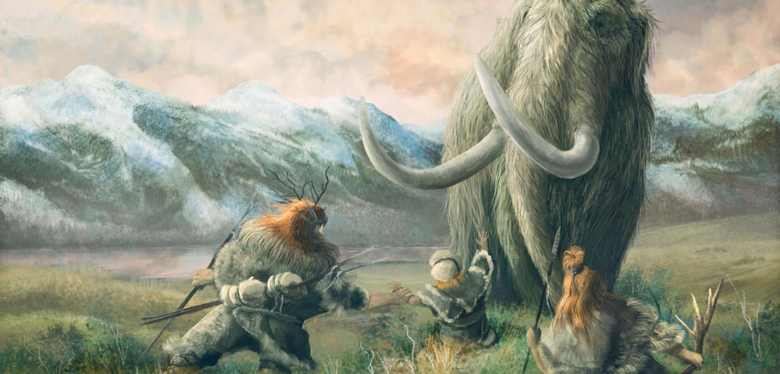 Artystyczne wyobrażenie łowów na mamuty. W rzeczywistości człowiek polował na te zwierzęta w większych grupach, unikając walki wręcz.