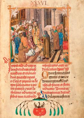 Koronacja Aleksandra Jagiellończyka na króla Polski (1501 r.), ilustracja z pontyfikału biskupa Erazma Ciołka, XVI w.
