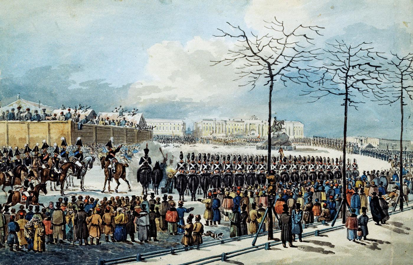 Dekabryści na placu Senackim w Petersburgu, 1825 r. – akwarela z epoki.