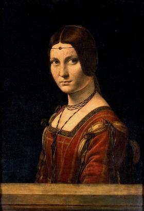 Leonardo da Vinci „La Belle Ferronière”, ok. 1490–95, spoiwo olejne na desce orzechowej, 63 × 45 cm, Luwr, Paryż.