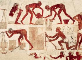 Produkcja cegieł i budowa muru, egipski fresk z czasów XVIII dynastii (XVI–XIV w. p.n.e.).