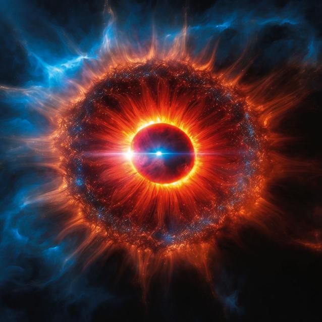 Wizualizacja układu symbiotycznego T Coronae Borealis i eksplozji gwiazdy nowej.