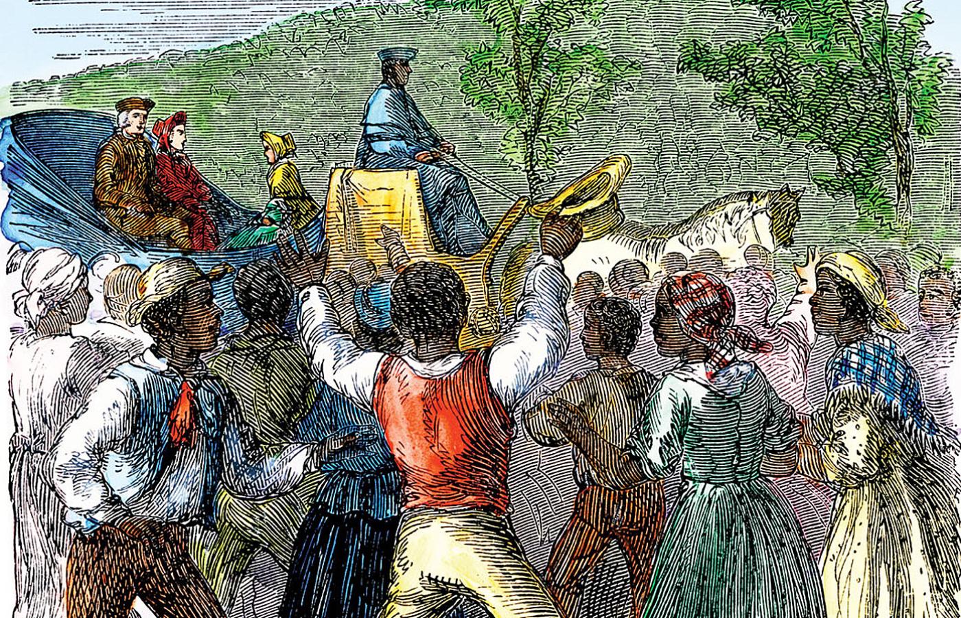 Powitanie przez niewolników Jeffersona wracającego z Paryża do posiadłości w Monticello, drzeworyt z XIX w.