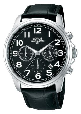 RT329BX9. Elegancki chronograf na czarnym pasku. Bardzo czytelna czarna tarcza z białymi cyframi, koperta ze stali szlachetnej, koperta 43 mm, wodoszczelność 50 m. Cena 305 zł.