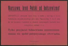 1920. Ulotka skierowana do mieszkańców Warszawy. Ze zbiorów Biblioteki Narodowej