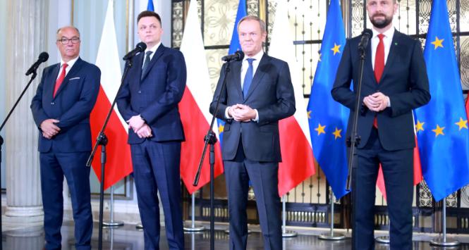 Liderzy opozycji: Włodzimierz Czarzasty, Szymon Hołownia, Donald Tusk i Władysław Kosiniak-Kamysz