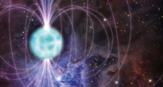 Ilustracja magnetara, czyli zapadniętej grawitacyjnie gwiazdy neutronowej o polu magnetycznym miliardy razy większym niż w przypadku Słońca.