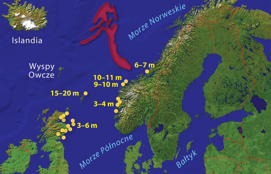 Obszar osuwiska Storegga na Morzu Norweskim (­zaznaczony na bordowo). Podane ­wysokości fali tsunami były wg ostatnich ­badań o kilka ­metrów wyższe.