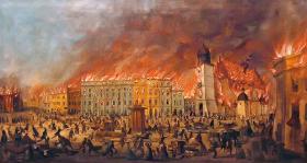 Pożar Krakowa w 1850 r., widok Rynku Głównego, obraz Teodora Baltazara Stachowicza.