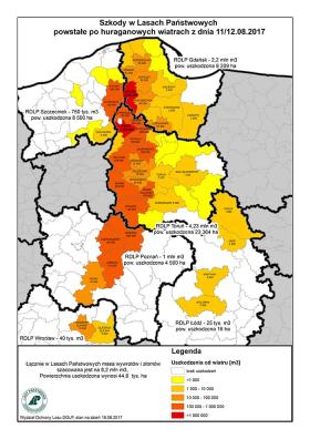 Szkody w Lasach Państwowych powstałe po huraganowych wiatrach z nocy z 11 na 12 sierpnia 2017 roku.
