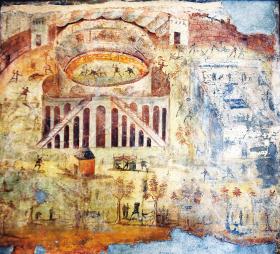 Starcia między kibicami z Pompejów i Nucerii w 59 r. - malowidło z I wieku.