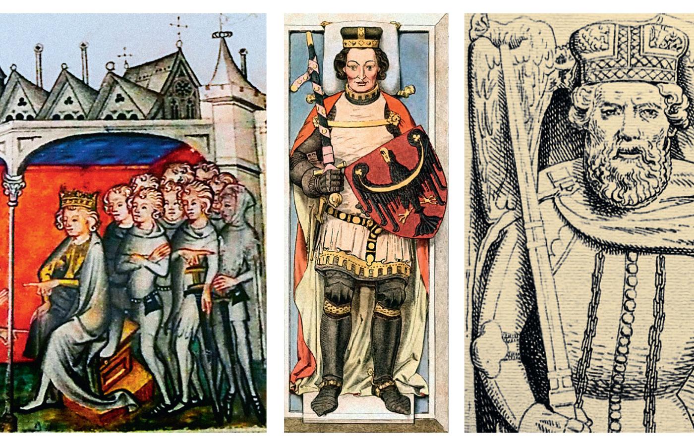 Od lewej: Jan Luksemburski jako sędzia; ilustracja z XIV w., Henryk VI Dobry, książę wrocławski, i Bolesław II Opolski, którzy hołd czeskiemu władcy złożyli w 1327 r.; ilustracje z XIX w.