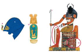 5. Błękitna korona cheperesz, 8. Berło uas, 9. Ureusz, 10. Byczy ogon, 12. Kartusz, 13. Sema-Taui.