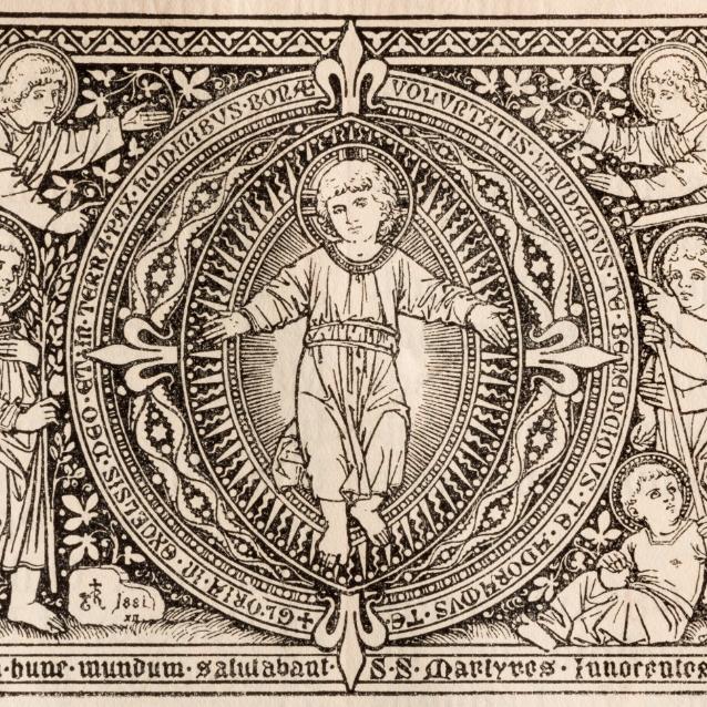 Litografia Dzieciątka Jezusa w Missale Romanum autorstwa nieznanego artysty z inicjałami F.M.S z końca XIX wieku.