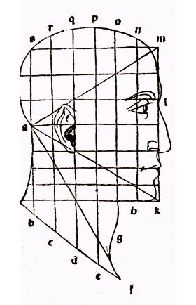Leonardo da Vinci, „Studium głowy” opracowane do książki „Divina proporzione” na podstawie obliczeń Paciolego.