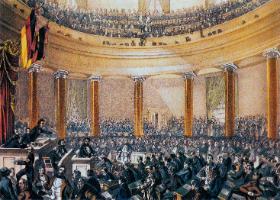 Obrady parlamentu frankfurckiego (1848 r.) w kościele św. Pawła, grafika z epoki.