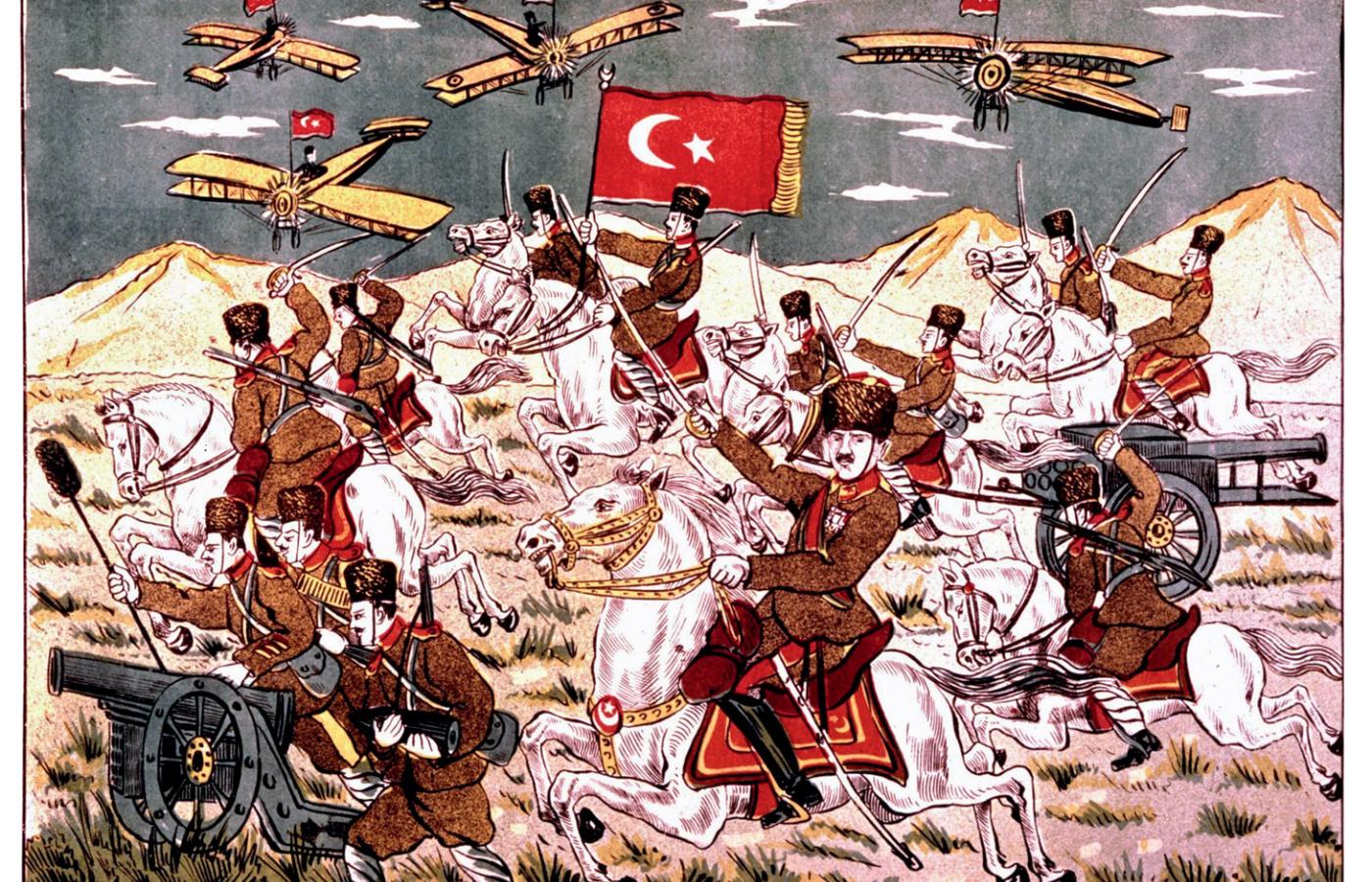Bitwa z wojskami greckimi nad rzeką Sakaryą w 1921 r. Atatürk (na pierwszym planie) za dowodzenie otrzymał stopień marszałka. Obraz propagandowy, 1922 r.