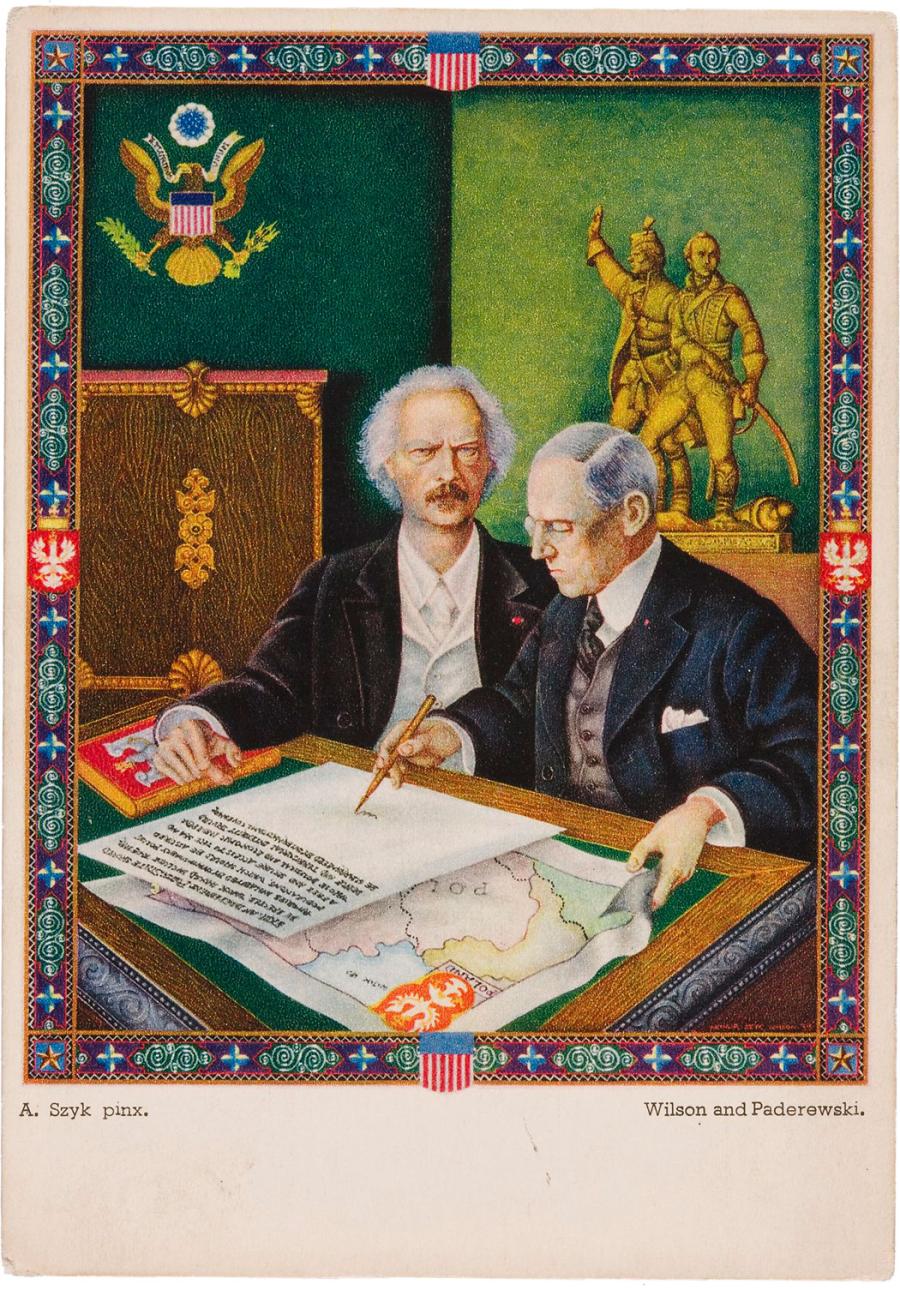 Pocztówka „Wilson i Paderewski”, proj. Artur Szyk, 1939 r.