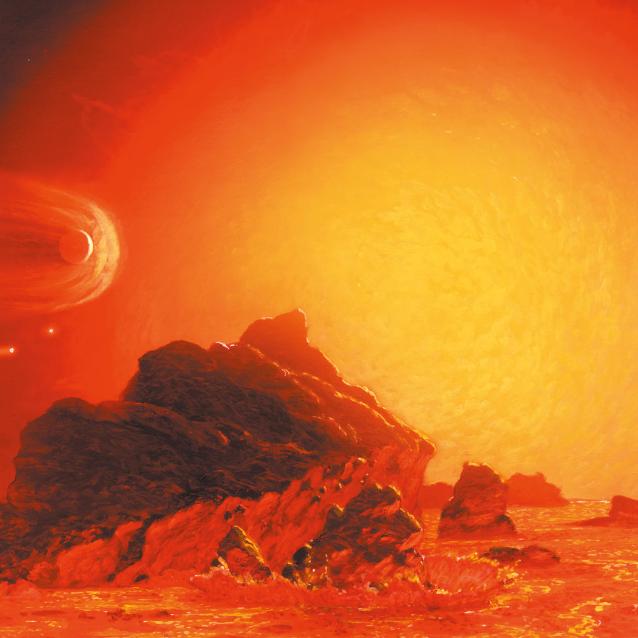 Artystyczna wizja naszego Słońca w odległej przyszłości widzianego z roztopionej powierzchni Ziemi.