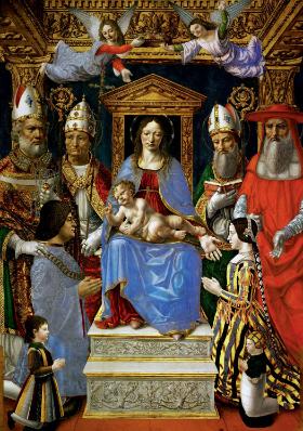 „Madonna z Dzieciątkiem”, tempera i olej na płótnie, artysta nieznany, 1494/95. Strojami olśniewają nie tylko Ludovico Sforza (klęczy z lewej) i jego żona Beatrice (z prawej), ich klęczące dzieci, ale i duchowieństwo.