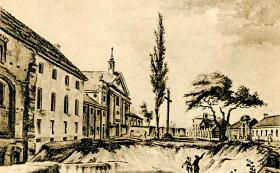 Warszawski klasztor bonifratrów, gdzie w XVIII w. trzymano chorych psychicznie – rycina Zygmunta Vogela