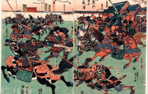 Bitwa między rodami Minamotów i Tairów, XII w.; drzeworyt z pocz. XIX w.