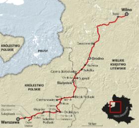 Po stronie Korony znamy przebieg szlaku. Po stronie litewskiej odcinki między miejscowościami zostały narysowane domyślnie.