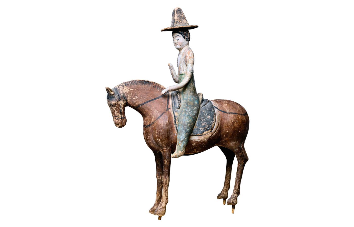 Figurka jeźdźca na koniu; ceramika grobowa z czasów dynastii Tang (618–907).