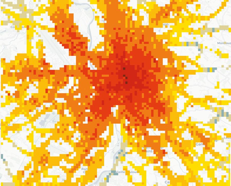 Miejska wyspa ciepła w Tuluzie we Francji przedstawiona na mapie opracowanej na podstawie pomiarów wykonanych w letnie noce przez czujniki temperatury w samochodach osobowych i przesłanych za pośrednictwem Internetu. Ciemniejszy kolor wskazuje wyższą temperaturę.