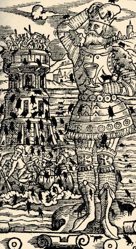 Popiel i jego legendarna siedziba w Kruszwicy pożerane przez myszy, ilustracja z dzieła ks. Jana Głuchowskiego „Icones książąt i królów polskich”, 1605 r.