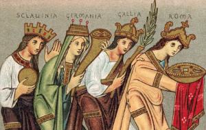 Hołd składany Ottonowi III. Od lewej: postacie symbolizujące Słowiańszczyznę, Germanię, Galię i Rzym. Iluminacja ewangeliarza, koniec X w.