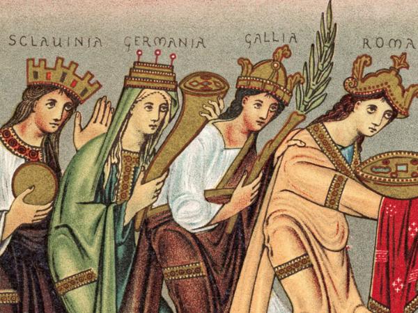 Hołd składany Ottonowi III. Od lewej: postacie symbolizujące Słowiańszczyznę, Germanię, Galię i Rzym. Iluminacja ewangeliarza, koniec X w.