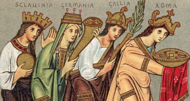 Hołd składany Ottonowi III. Od lewej: postacie symbolizujące Słowiańszczyznę, Germanię, Galię i Rzym. Iluminacja ewangeliarza, koniec X w.