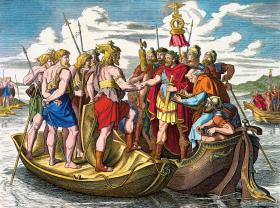 Drzeworyt z poł. XIX w. ukazujący zawarcie na granicznym Dunaju pokoju między cesarzem Walensem a władcą Terwingów Atanarikiem w 369 r.