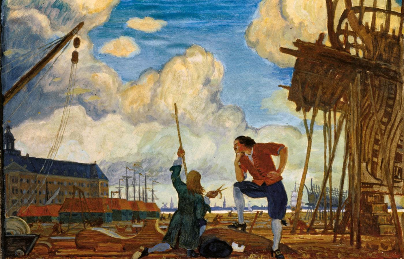 Piotr Wielki obserwuje pracę w stoczni w Holandii, obraz Mścisława Walerianowicza Dobużinskiego, 1910 r.