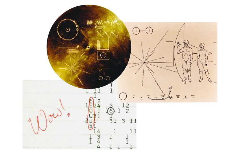 Rozmowy długodystansowe: fragment instrukcji wysłanych z sondami Voyager, wydruk z komputera programu SETI z 1977 roku oraz obrazy wysłane z sondami Pioneer.