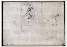 Leonardo da Vinci, szkic kostiumu: słoń przygrywający na instrumencie, czarna kreda na papierze, 19,8 × 28,1 cm, 1507 r., Royal Library, Windsor Castle.