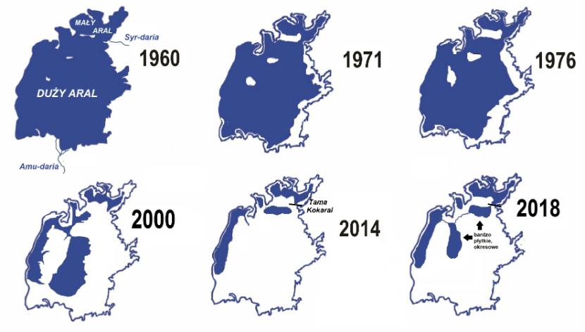 Zmiany powierzchni Jeziora Aralskiego od 1960 r.