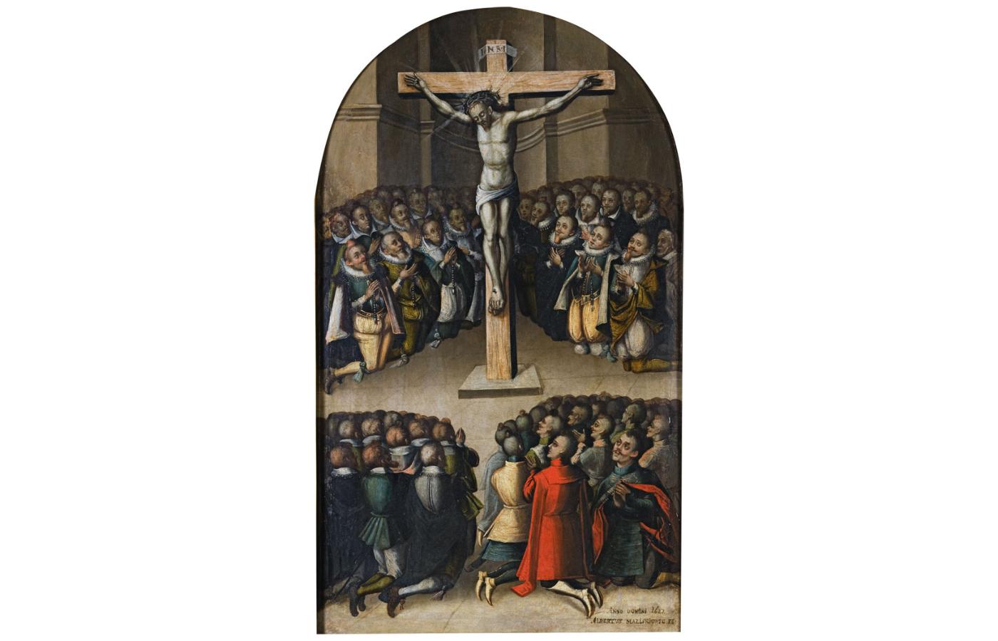 Adoracja krucyfiksu przez Zygmunta III i jego dwór; obraz Wojciecha Maliskiewicza, XVII w.
