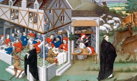 Obiad, obraz Jeana Rolina, ok. 1455 r. Karczma, młyn, rynek miejski – tu toczyło się życie towarzyskie, tu też przekazywano sobie wieści.