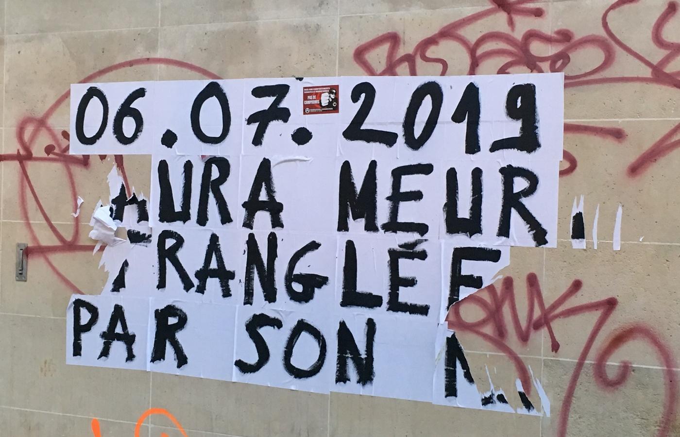Napis na murze przy Centre Pompidou w Paryżu: 6.07.2019 (L)aura ginie uduszona przez swojego m(ęża)
