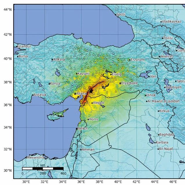 Mapa intensywności trzęsienia ziemi z 6 lutego 2023 r., które zabiło co najmniej 60 tys. osób. Epicentrum (czarna gwiazdka na mapie) znajdowało się w pobliżu miasta Gaziantep na południu Turcji.