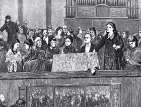Sufrażystki podczas spotkania z londyńczykami, przy stole siedzi (druga od prawej) Lydia Becker.