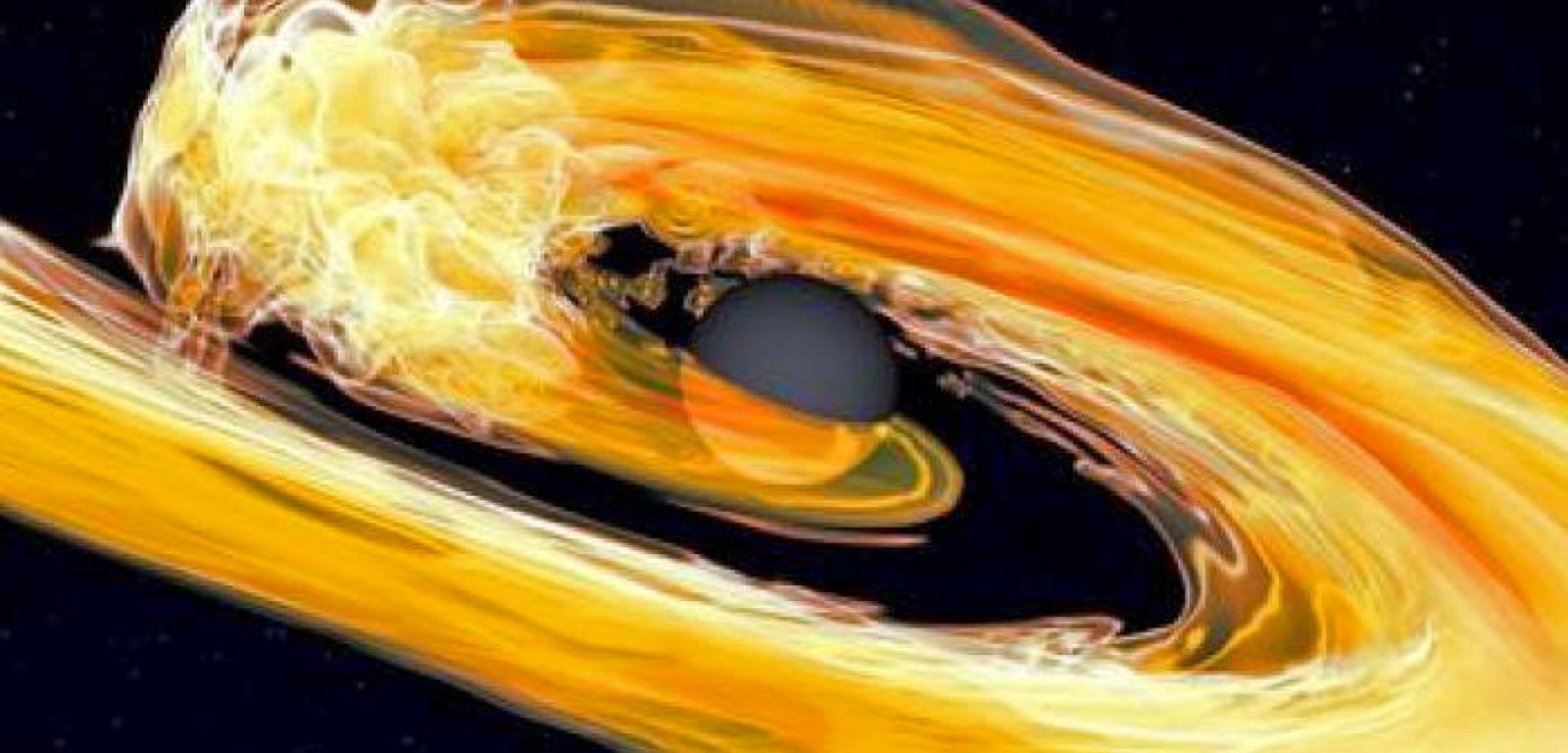 Wizualizacja numerycznych symulacji koalescencji czarnej dziury z gwiazdą neutronową/T. Dietrich (Potsdam University and Max Planck Institute for Gravitational Physics), N. Fischer, S. Ossokine, H. Pfeiffer (Max Planck Institute for Gravitational Physics), T. Vu.