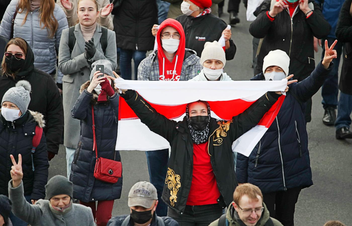 Jeden z licznych protestów w Mińsku, październik 2021 r.