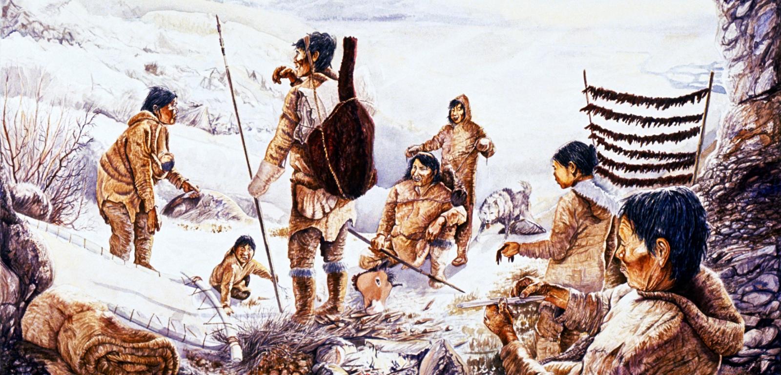 Artystyczna wizja obozu łowców-zbieraczy w krainie Beringia ok. 15 tys. lat temu.