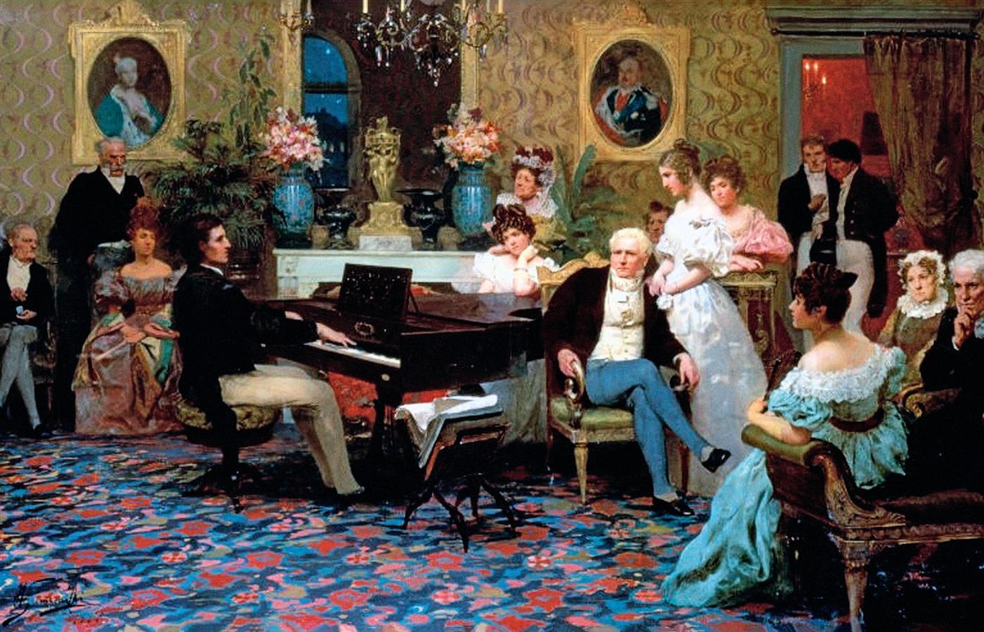 „Chopin grający na fortepianie w salonie księcia Antoniego Radziwiłła” na obrazie Henryka Siemiradzkiego, 1887 r.