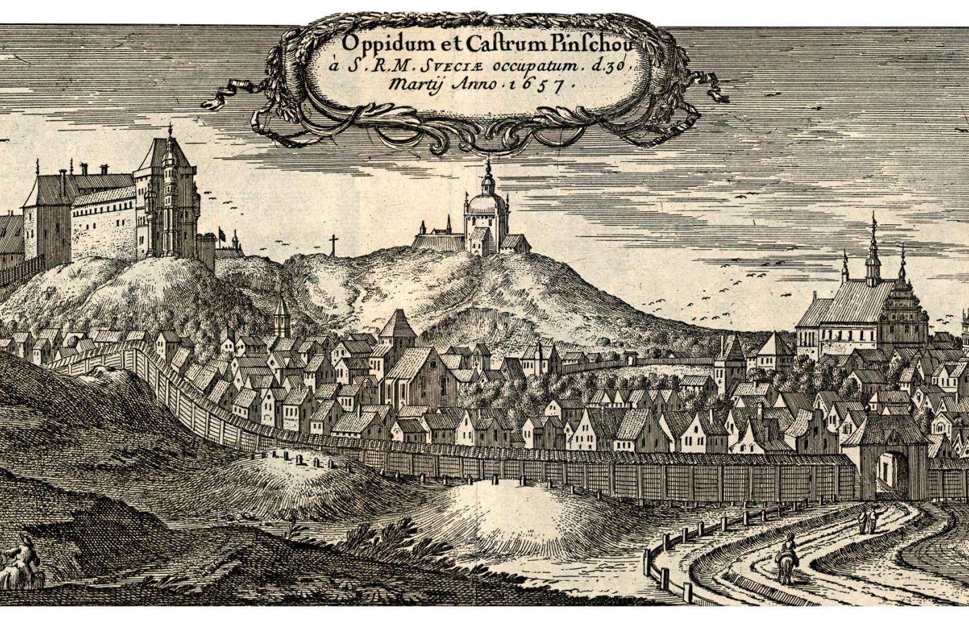 Panorama Pińczowa, należącego do Oleśnickich, ważnego ośrodka reformacji w Polsce, grafika z XVII w.